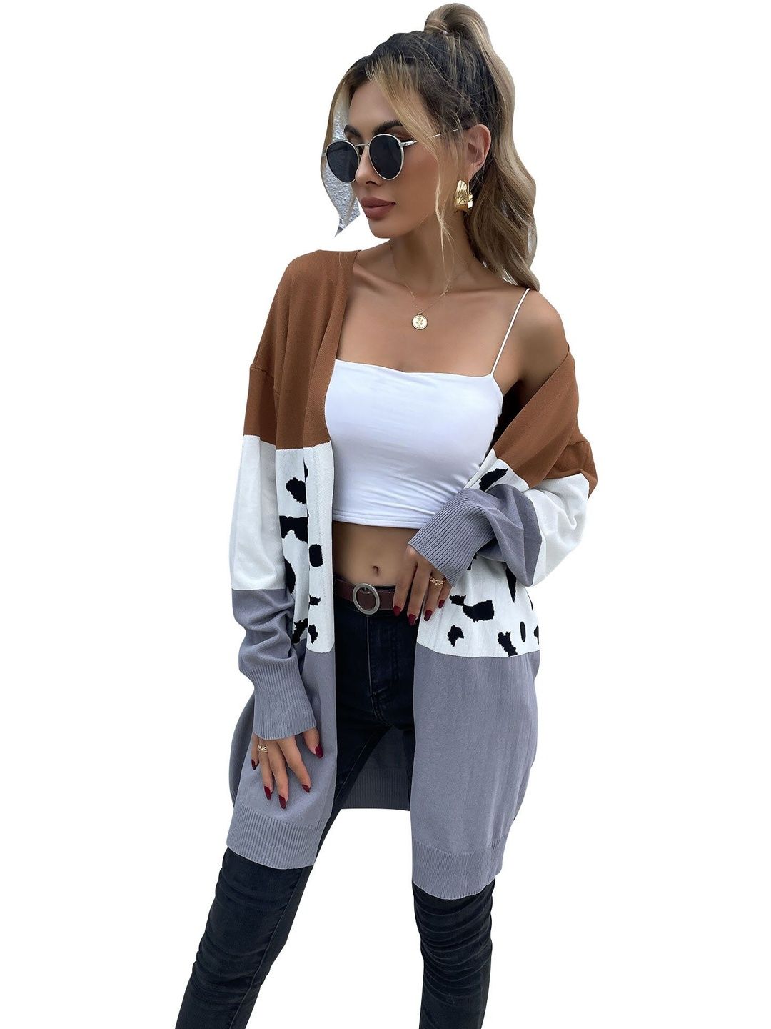 Women's Brown Colourblocked Cardigan Blend Printed