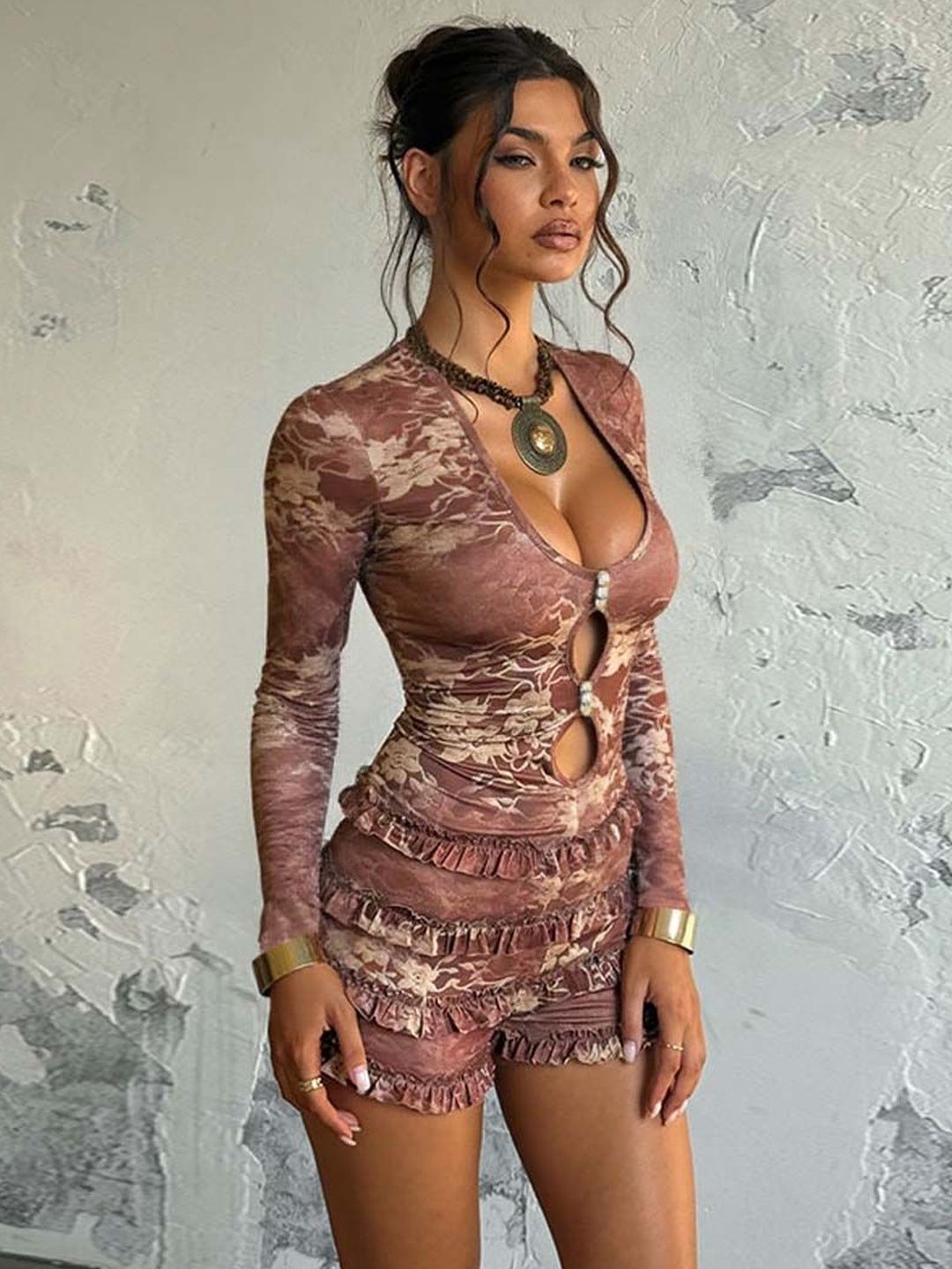 NOWI Printed Basic Jumpsuit with Ruffles