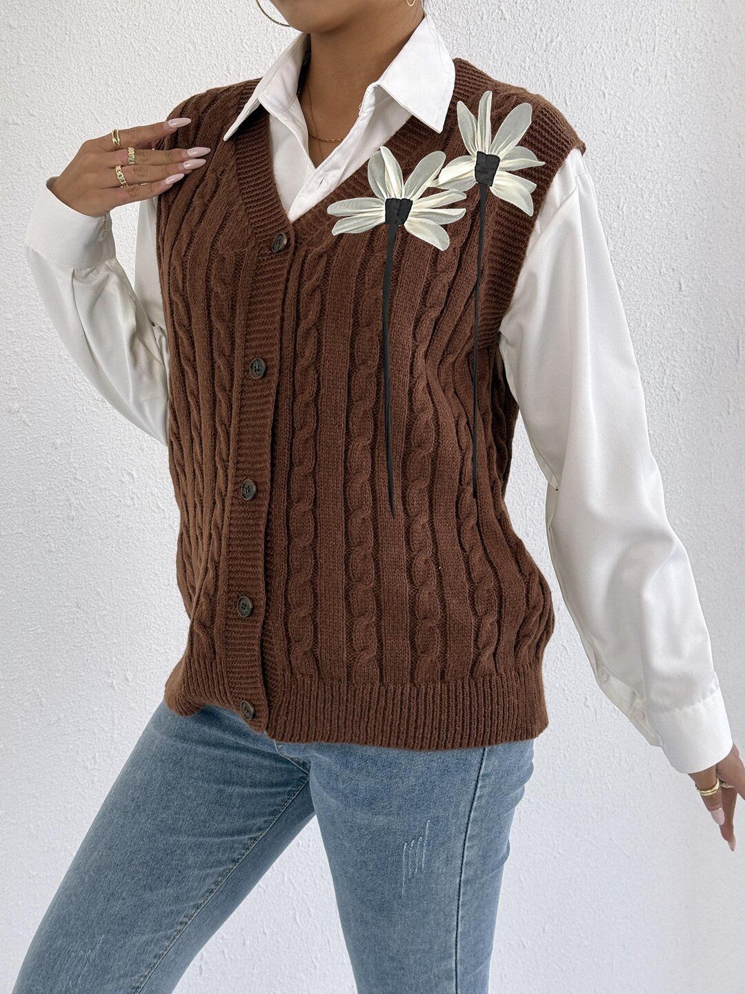 Women Cable Knit Sweater Vest with Embellished Detail