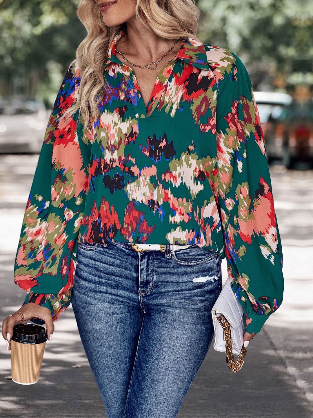 Women's Green Print Bishop Sleeves Top