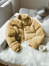 Women's Beige Woollen Lightweight Crop Puffer Jacket