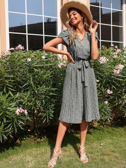Print Puff Sleeve A-Line Midi Dress