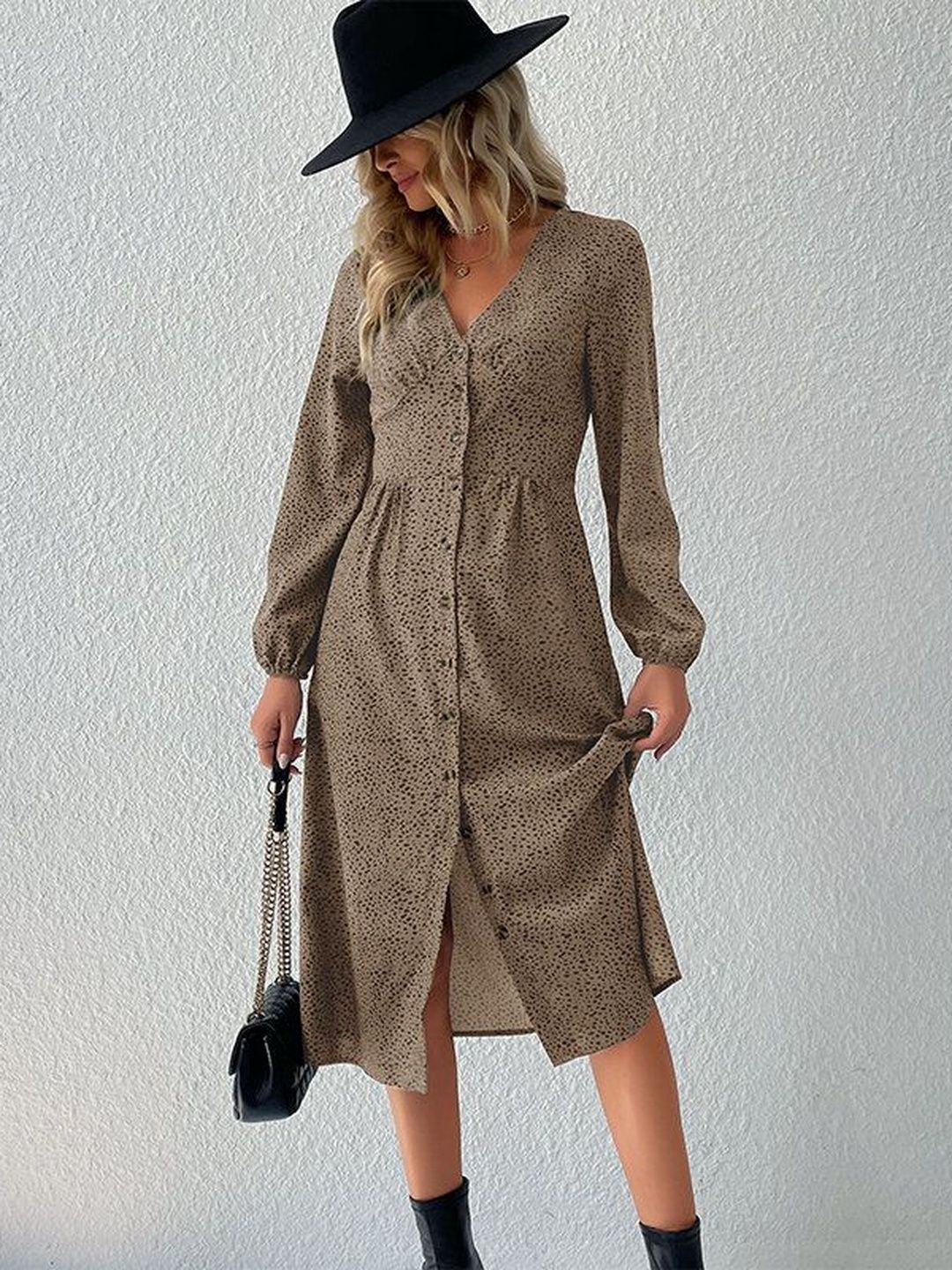 Women's Brown Print A-Line Midi Dress