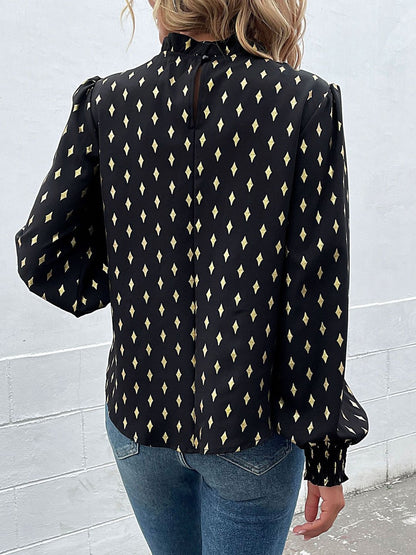 Women's Black Geometric Print Bishop Sleeves Top