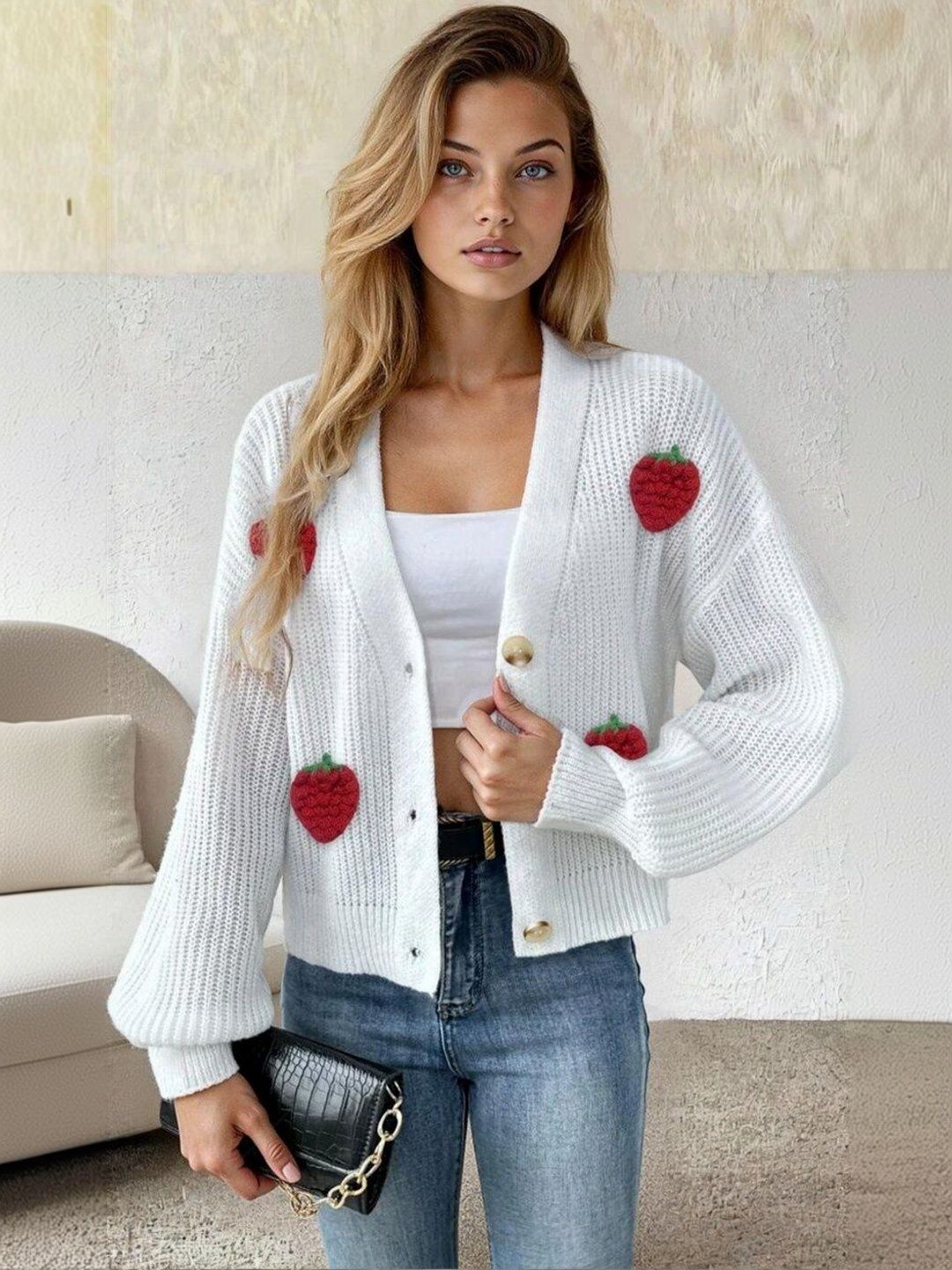 Women Crop Cardigan with Applique Detail