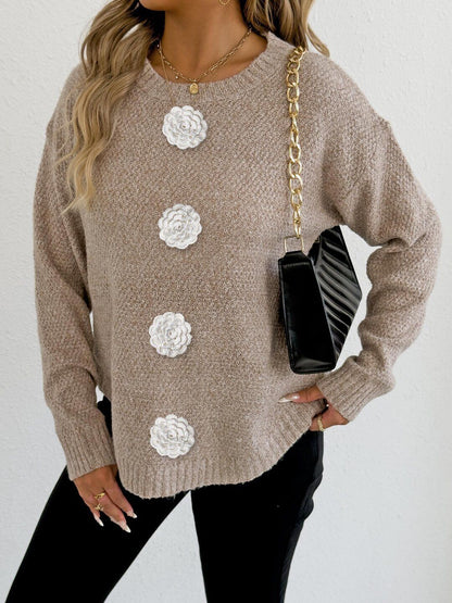 Pullover with Applique Detail in Brown acrylic Style 629 - Nowi Korean Fashion