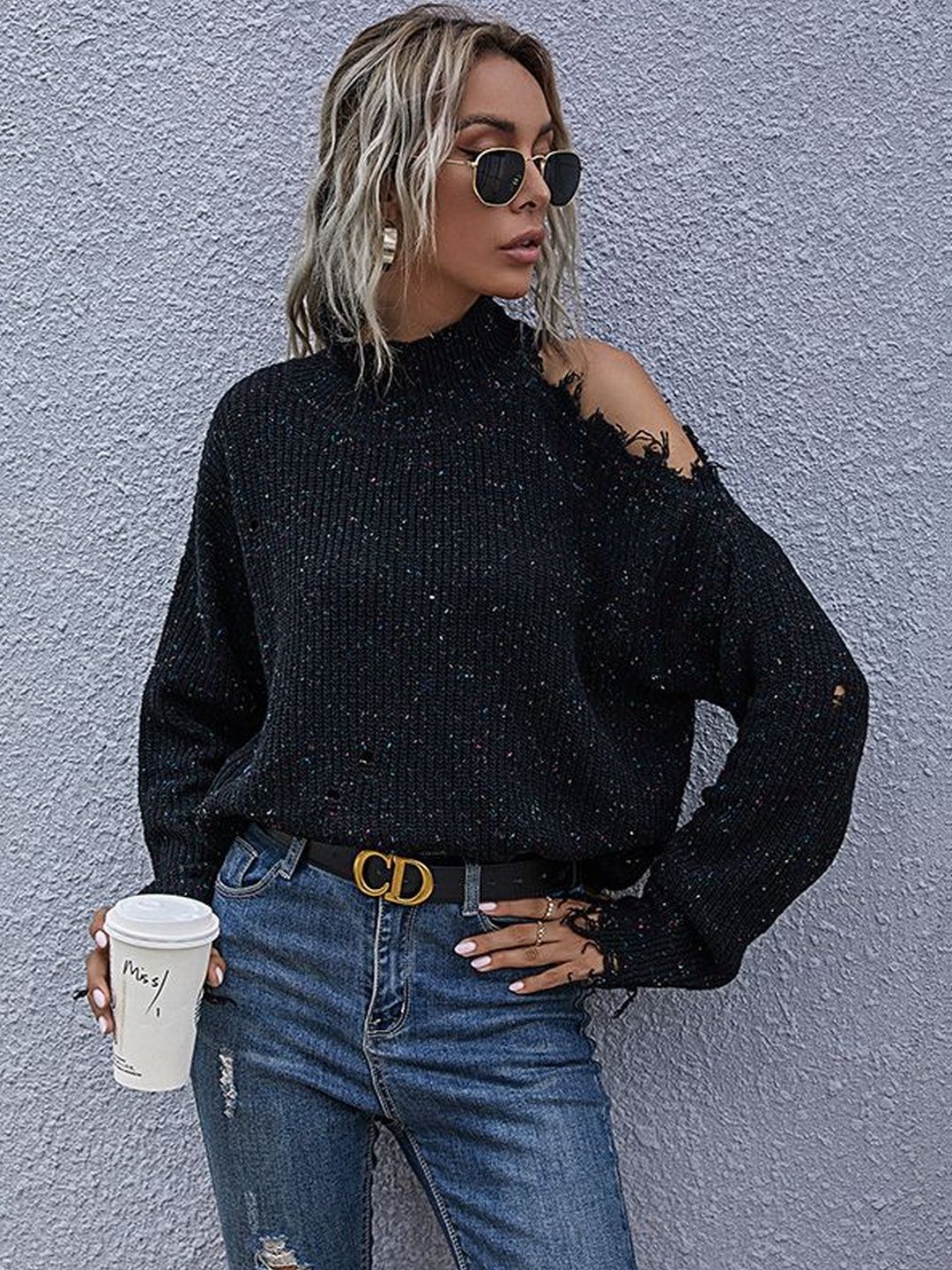Women's Black Speckled Pullover With Fringed Detail