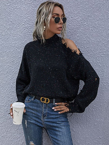 Women's Black Speckled Pullover With Fringed Detail