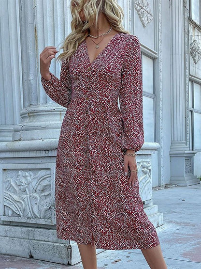 Women's Red Floral Print A-Line Midi Dress Blend