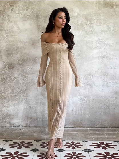 Off-Shoulder Flared Sleeve Ruffled Sheath Maxi Dress in Beige polyester - Nowi Korean Fashion