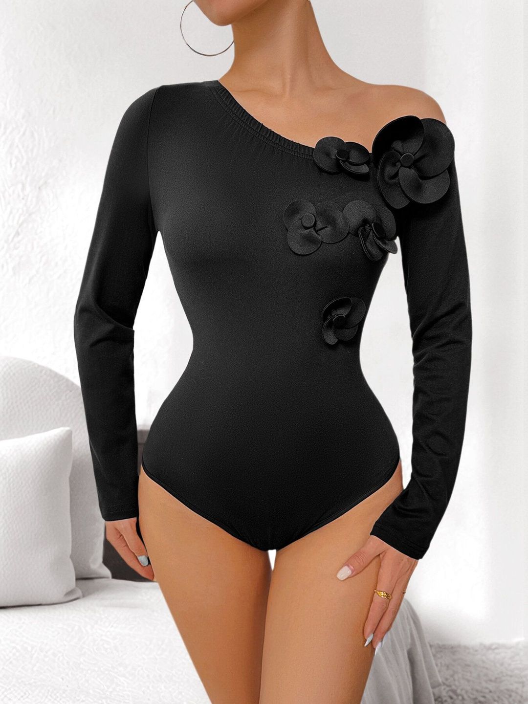 Embellished One Shoulder Bodysuit in Black polyester - Nowi Korean Fashion