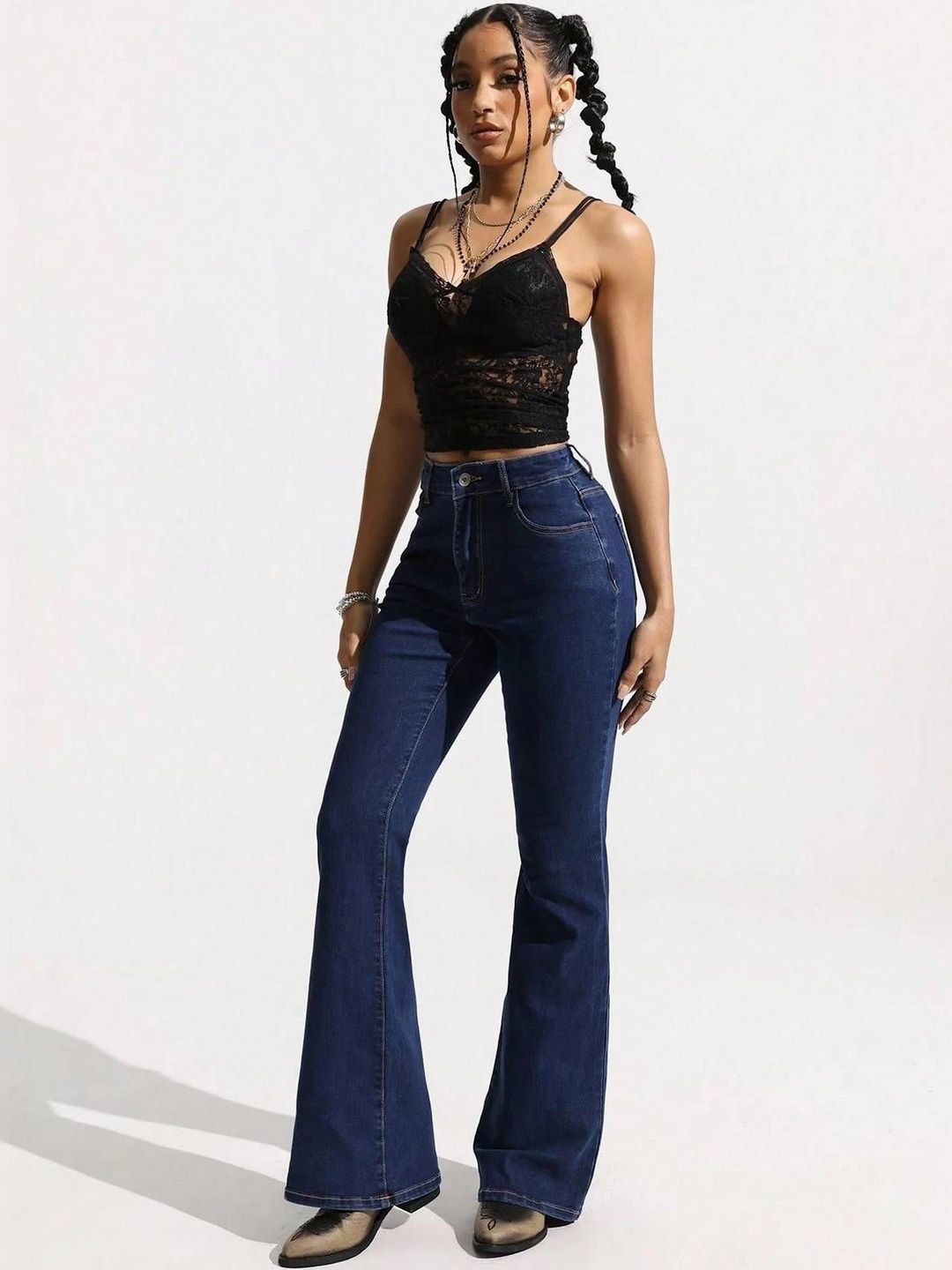 Bootcut High-Rise Stretchable Jeans in Navy Cotton Style 312 - Nowi Korean Fashion
