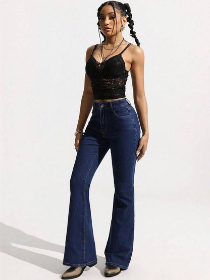Flared High-Rise Stretchable Jeans in Blue cotton Style 9 - Nowi Korean Fashion