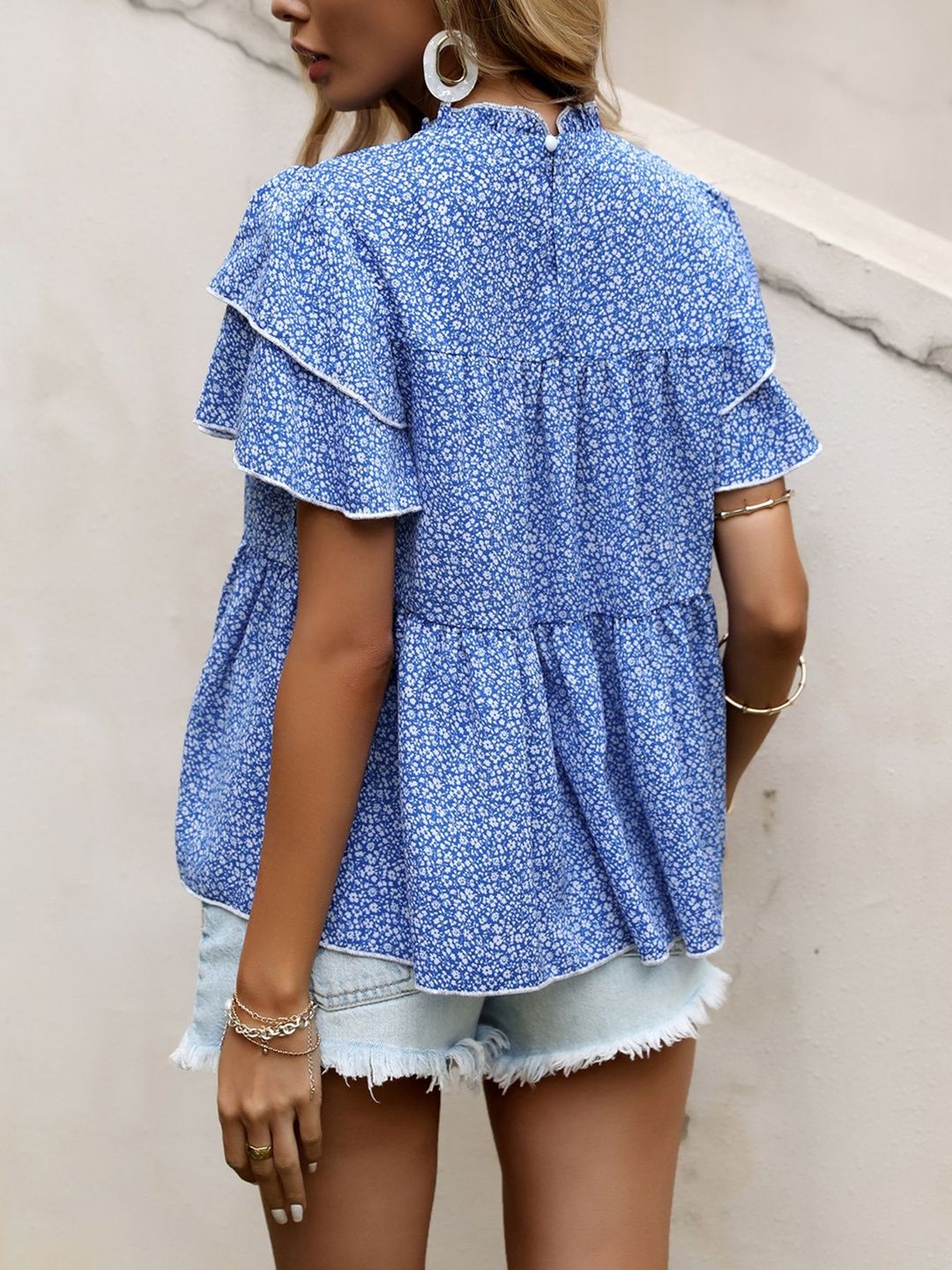 Floral Print Flutter Sleeve Ruffles Cotton Top