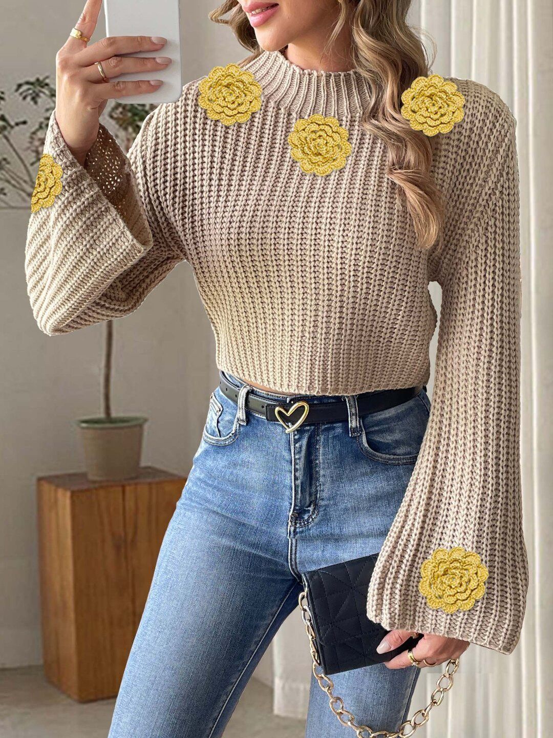 Women Ribbed Crop Pullover with Embellished Detail