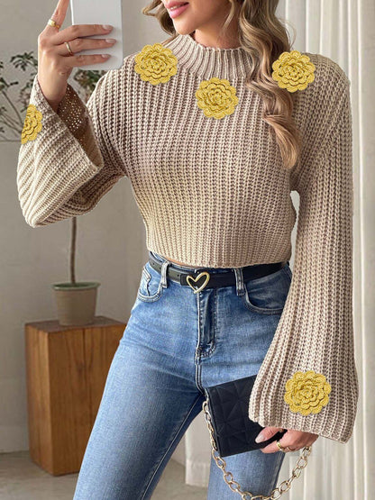 Women Ribbed Crop Pullover with Embellished Detail