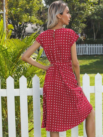 Women's Red Polka Dot Print Fit & Flare Midi Dress