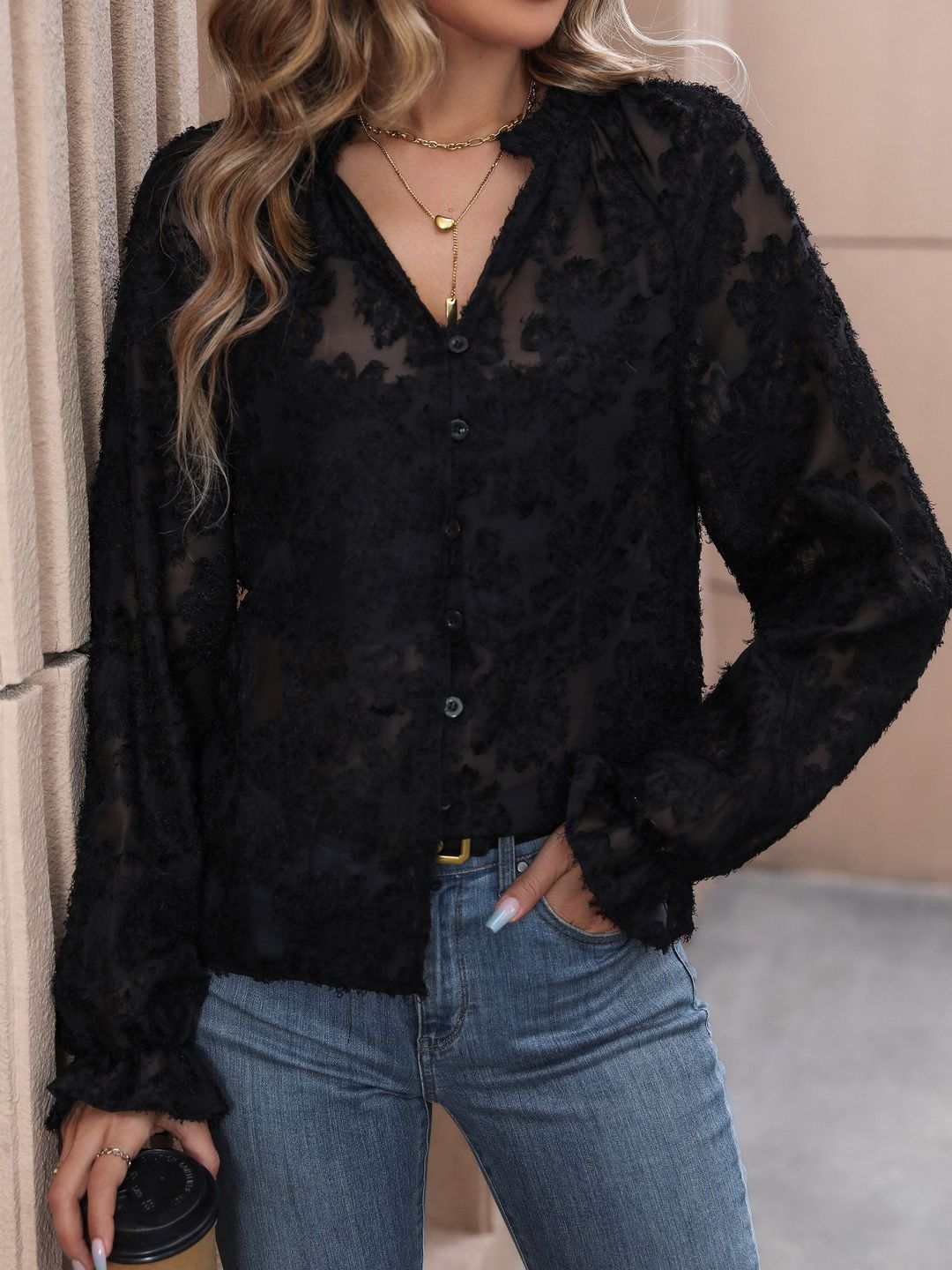 Semi Sheer Casual Shirt in Black Cotton Long Sleeve - Nowi Korean Fashion