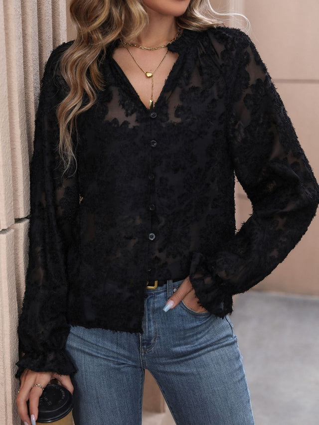 Semi Sheer Casual Shirt in Black Cotton Long Sleeve - Nowi Korean Fashion