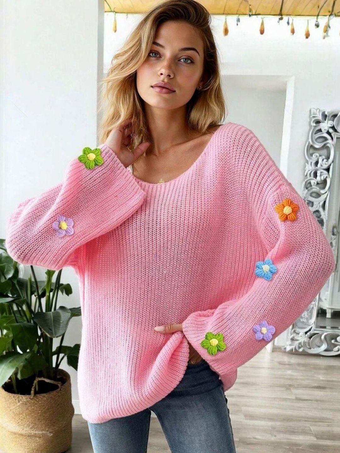 Pullover with Applique Detail in Pink acrylic Long Sleeve - Nowi Korean Fashion