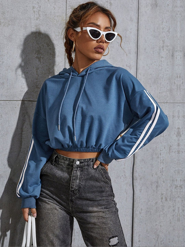 Striped Hooded Sweatshirt in Blue Cotton - Nowi Korean Fashion
