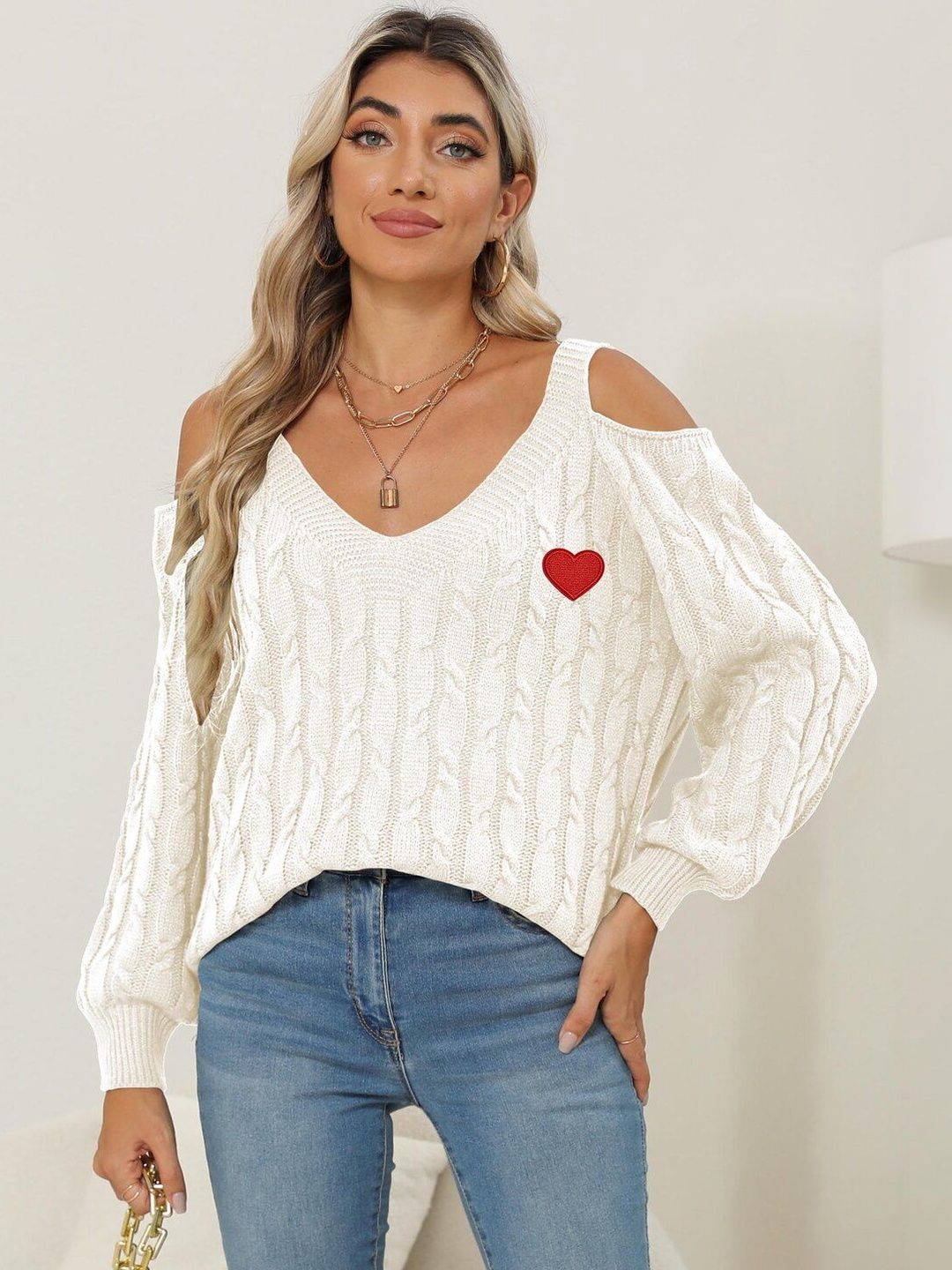 Cable Knit Pullover with Embroidered Detail in White cotton - Nowi Korean Fashion