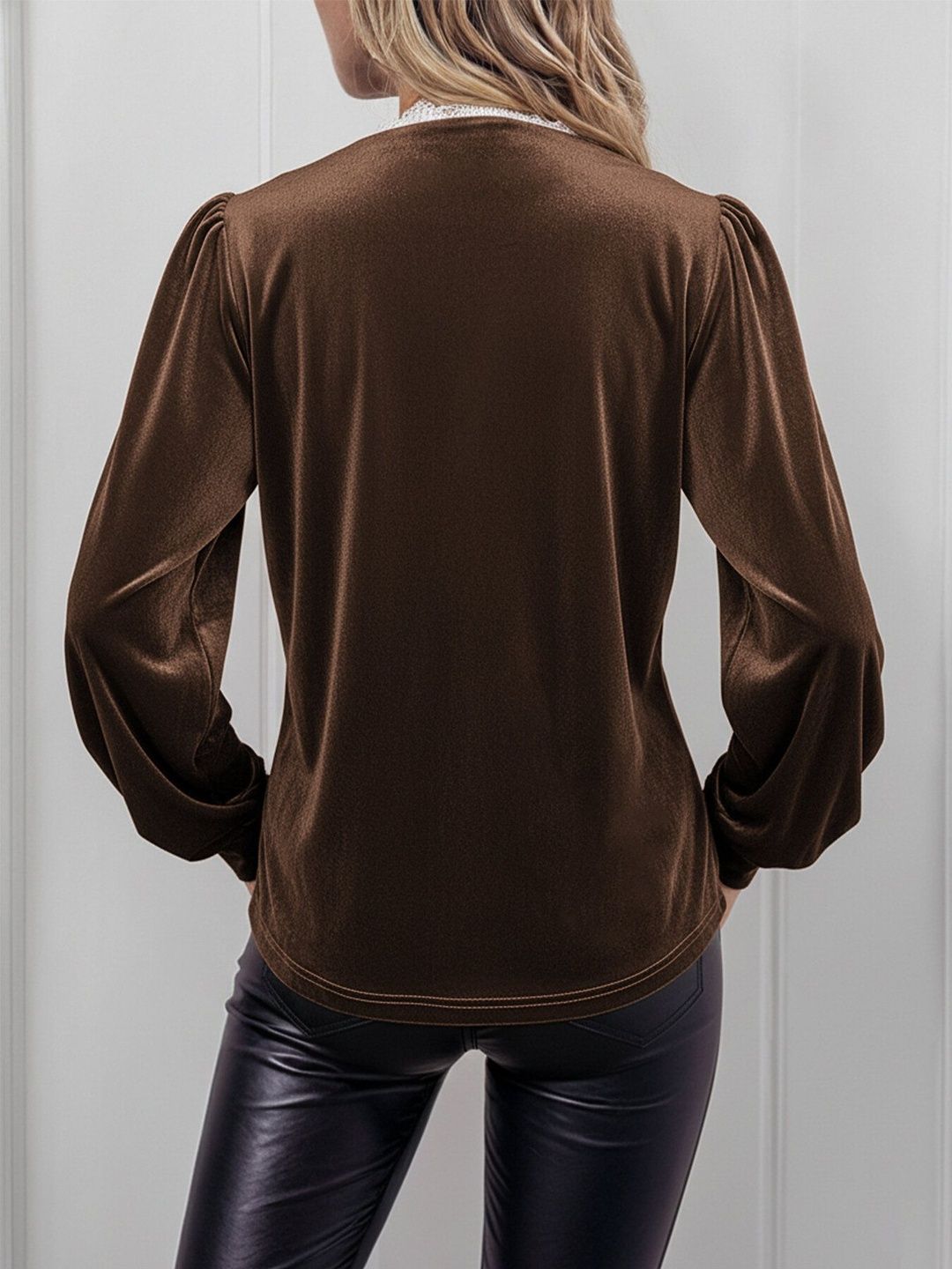 Women's Elegant Brown Velvet Top With Lace Trim