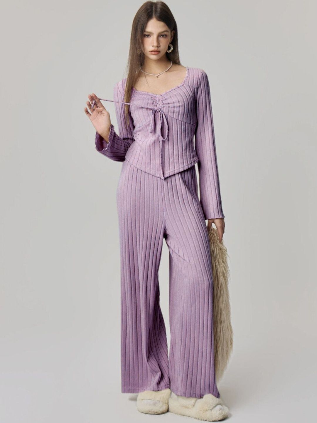 Lilac Striped Co-ords with Scoop Neck Top