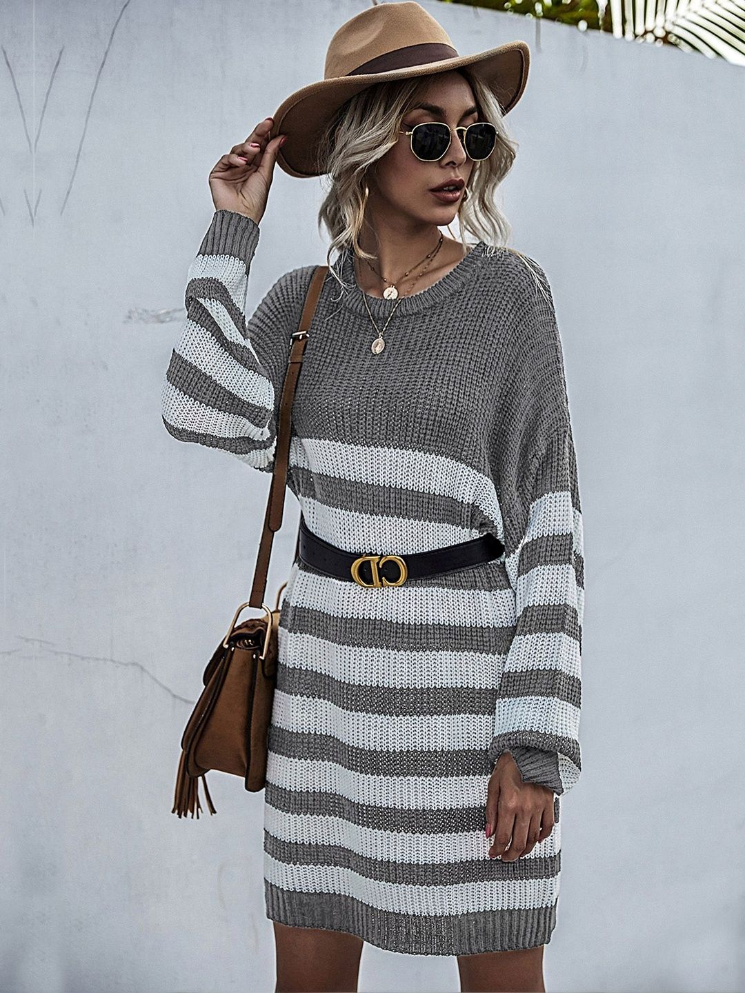 Women's Grey Striped Pullover Blend Regular Fit