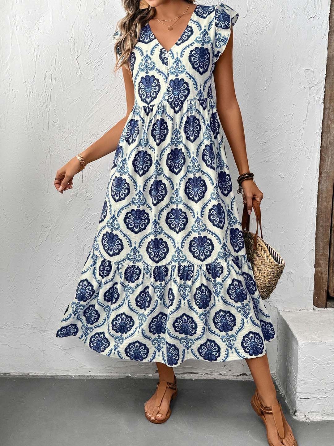 Floral Print Fit & Flare Midi Dress in Blue - Nowi Korean Fashion