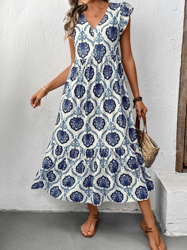 Floral Print Fit & Flare Midi Dress in Blue - Nowi Korean Fashion