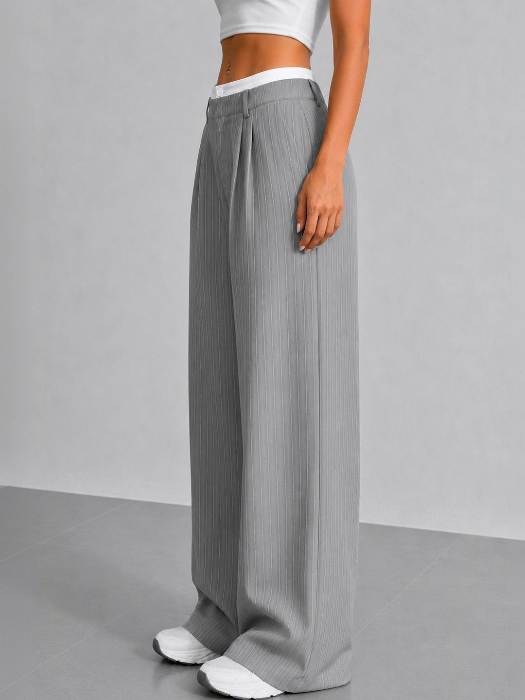 Women Striped Relaxed High-Rise Wrinkle Free Pleated Trousers