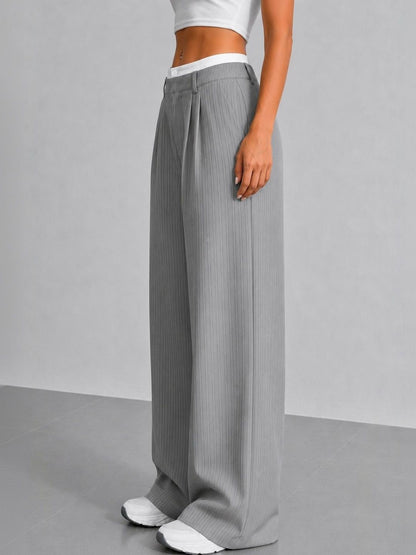 Women Striped Relaxed High-Rise Wrinkle Free Pleated Trousers