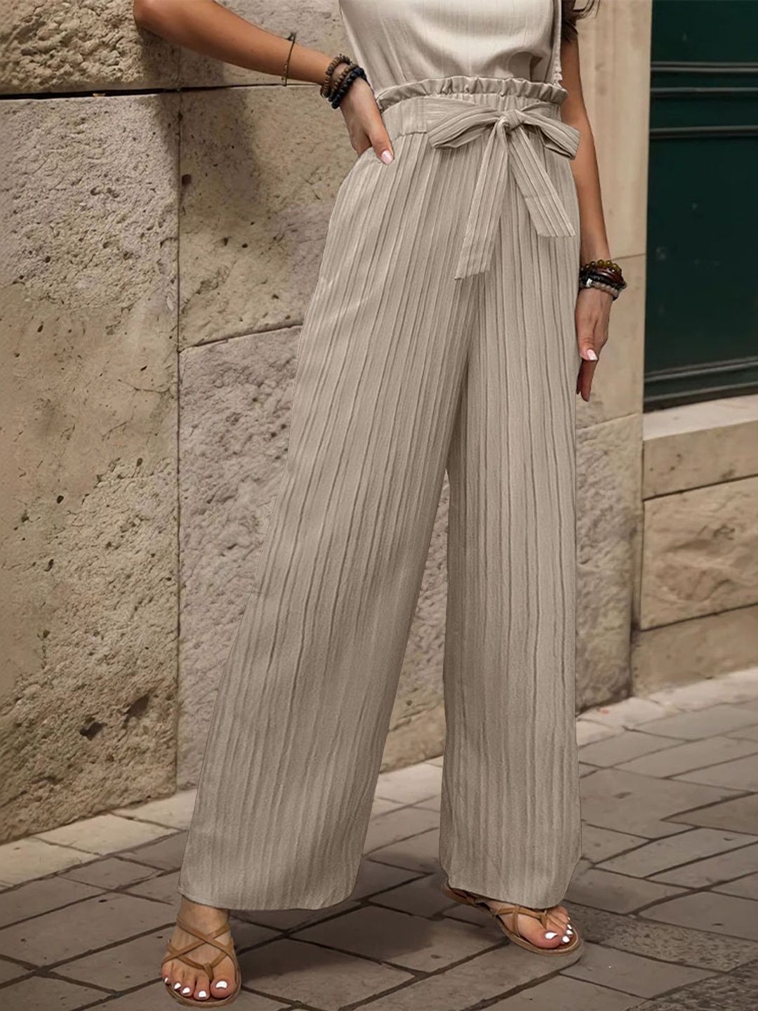 Women Textured Loose Fit High-Rise Non Iron Trousers