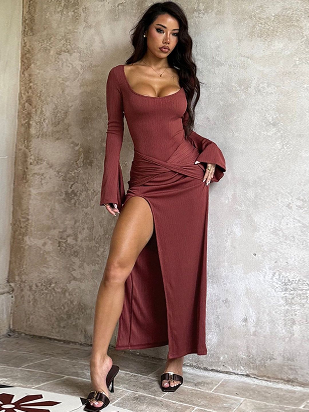 Flared Sleeve Bodycon Maxi Dress