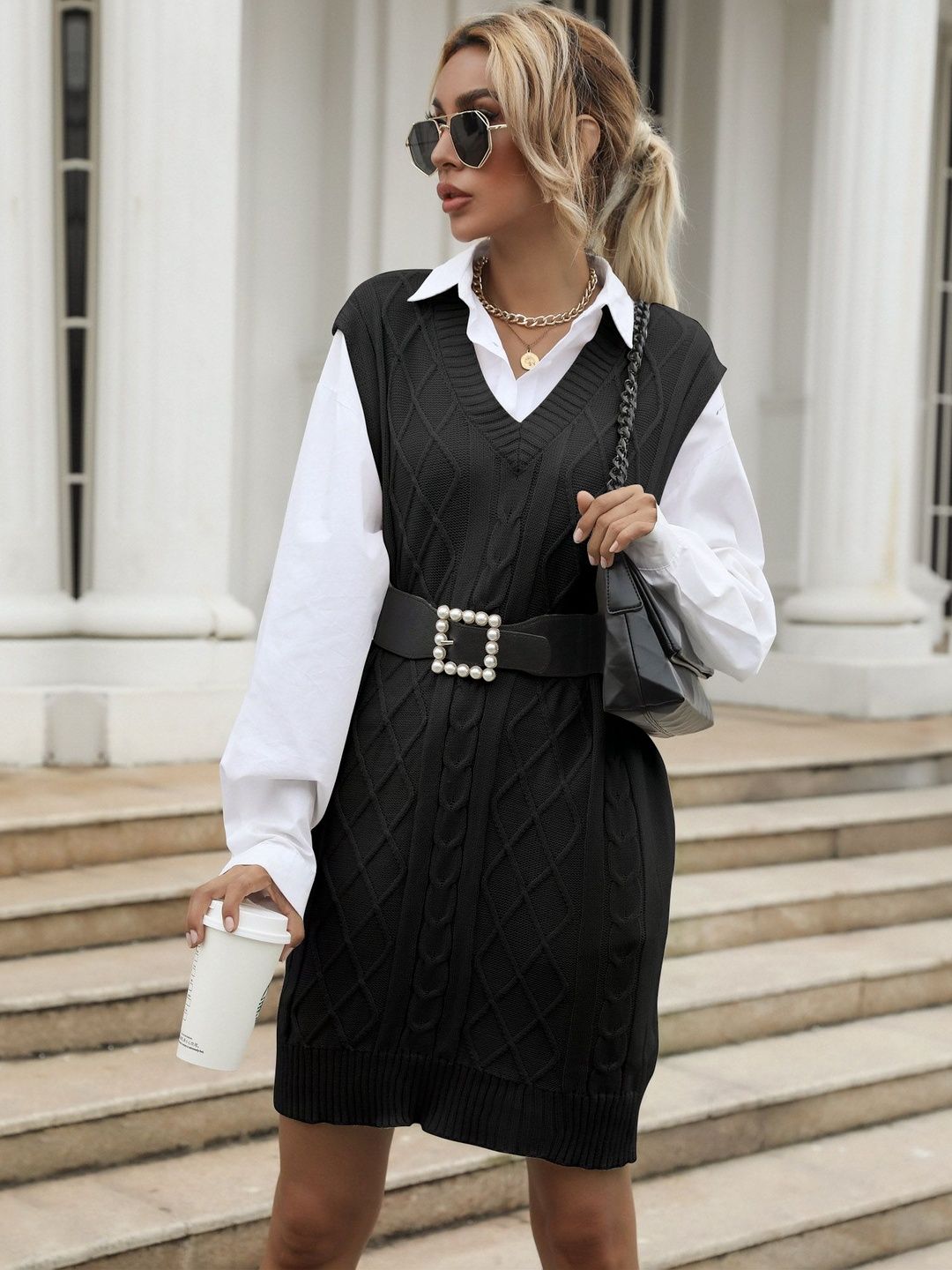Women's Black Cable Knit Sweater Vest