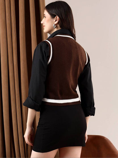 NOWI Women Colourblocked Woollen Crop Sweater Vest