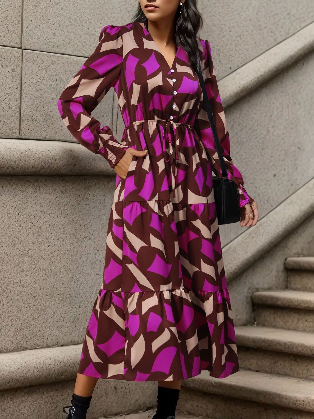 NOWI Print Fit & Flare Midi Dress Style 678 - Nowi Korean Fashion