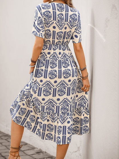Bohemian Ethnic Print Midi Dress with Short Sleeves