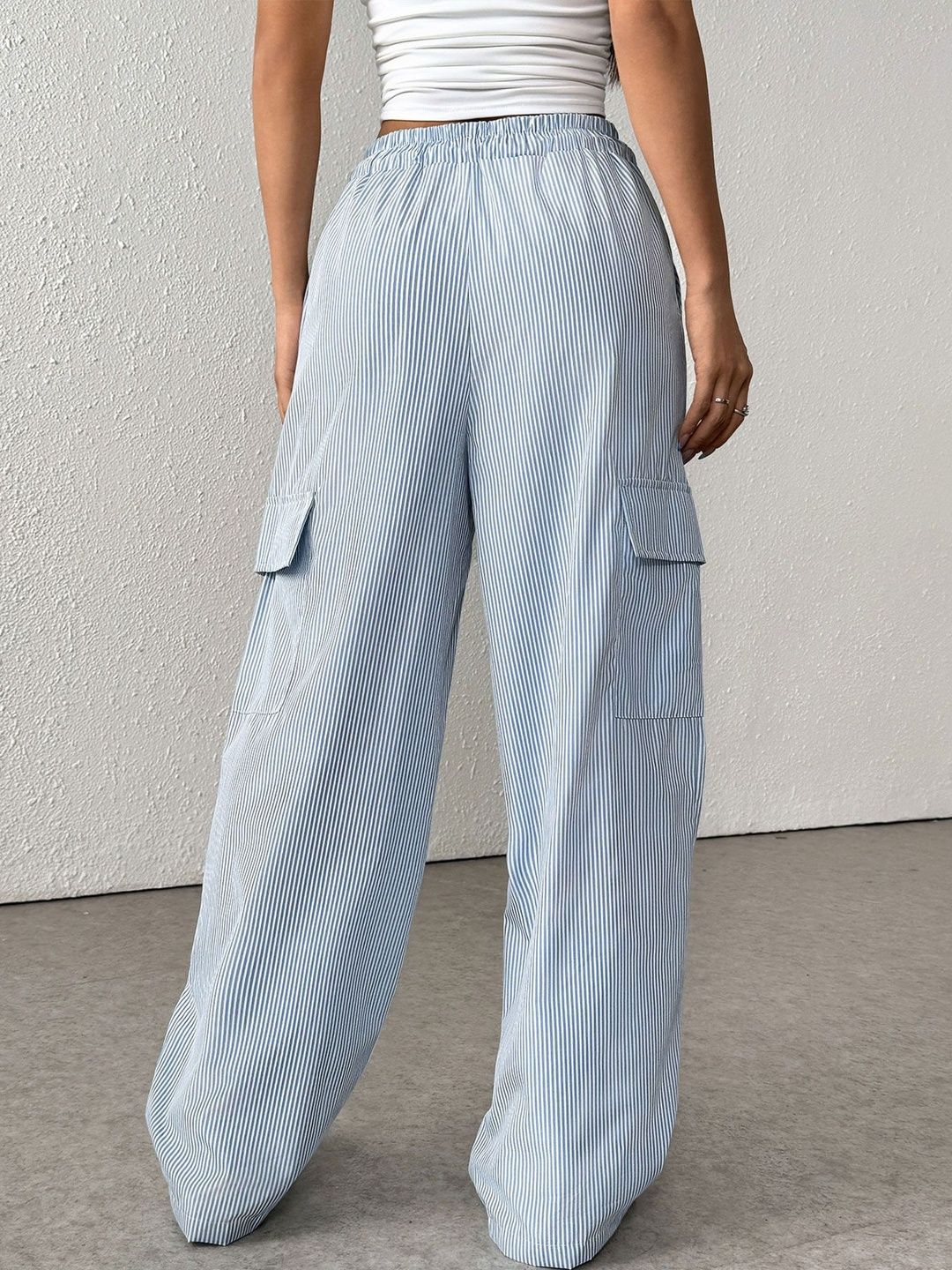 Women Striped Loose Fit Non Iron Cargos Trousers