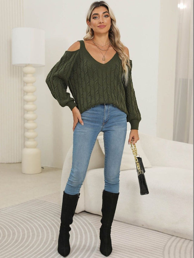 Cable Knit Pullover in Green acrylic Long Sleeve - Nowi Korean Fashion