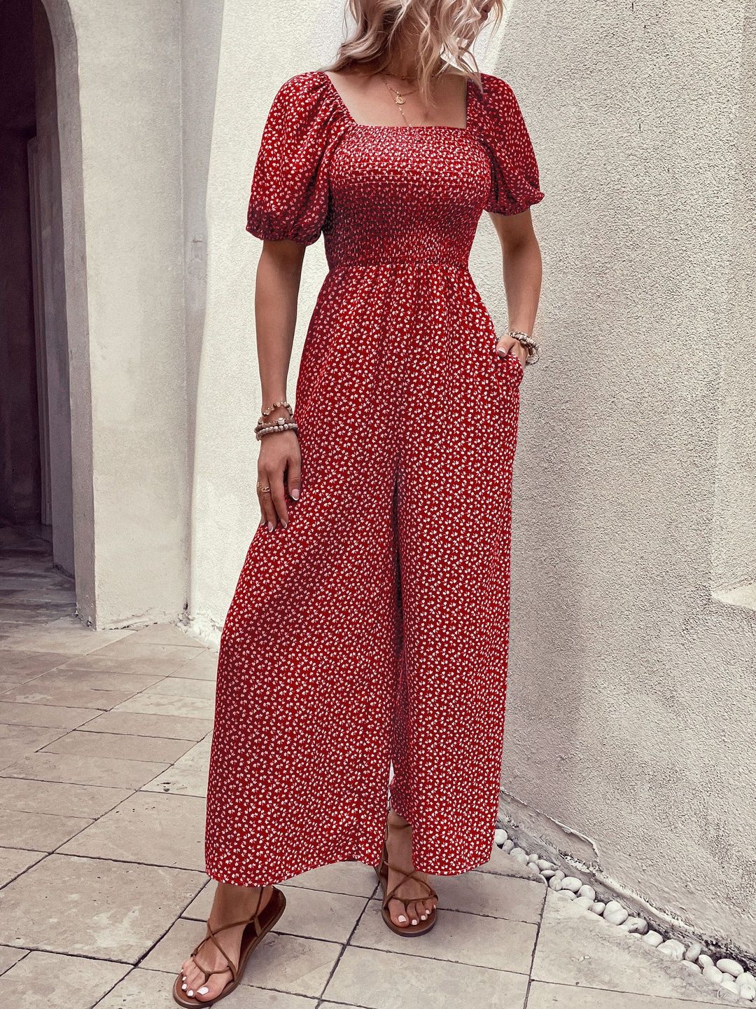 Printed Basic Jumpsuit in Red cotton - Nowi Korean Fashion