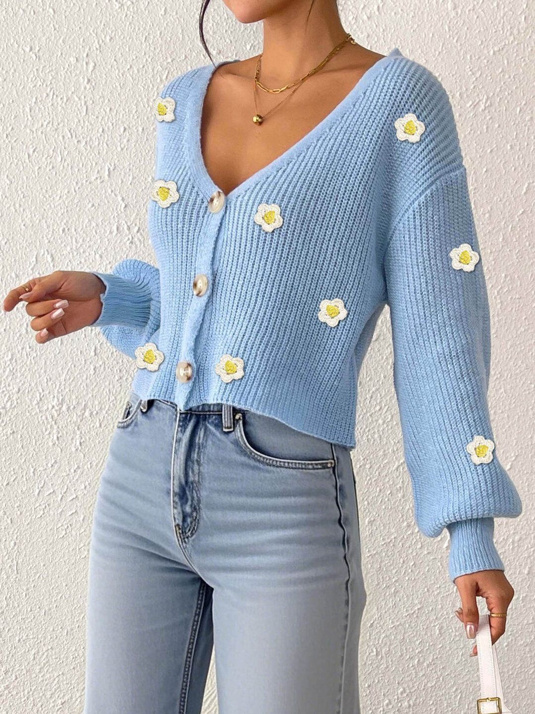 Women Floral Crop Cardigan with Embroidered Detail