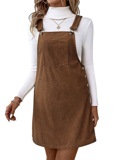 Stylish Corduroy Dress in Brown - Nowi Korean Fashion