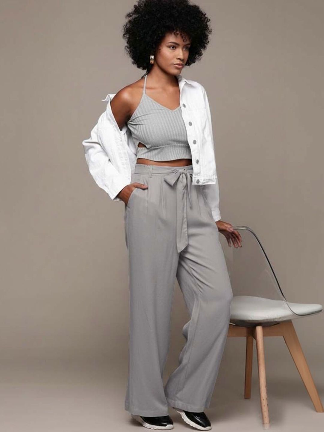 Straight Fit High-Rise Wrinkle Free Pleated Trousers in Grey polyester - Nowi Korean Fashion