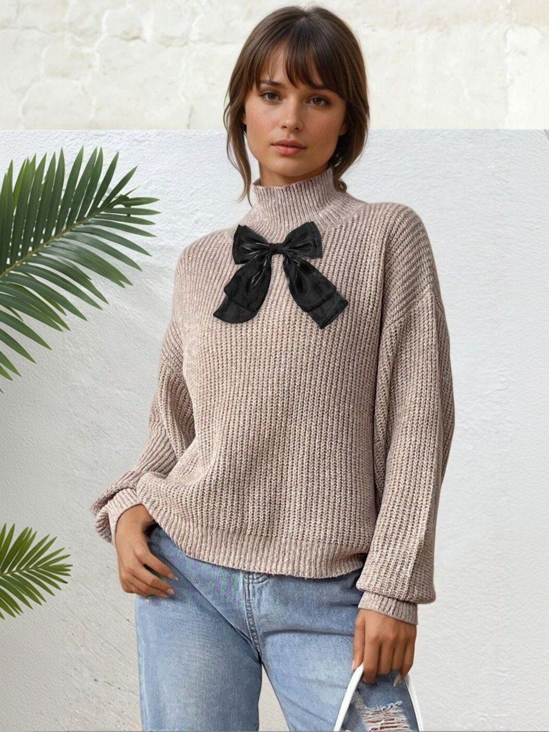 Ribbed Pullover in Beige acrylic Style 319 - Nowi Korean Fashion