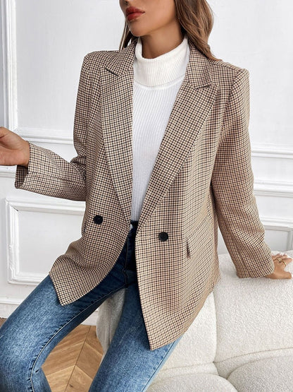 Women's Beige Checked Comfort Fit Double-Breasted Blazer