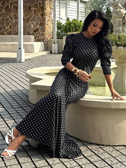 Women's Black Polka Dot Print Puff Sleeve Sheath Maxi Dress