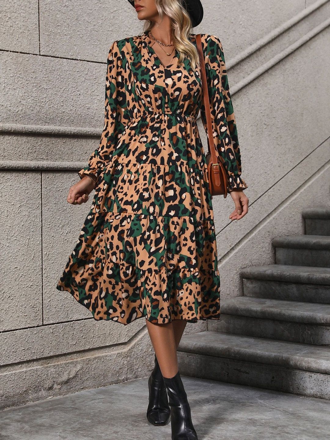 Women's Brown Nowi Animal Print A-Line Midi Dress
