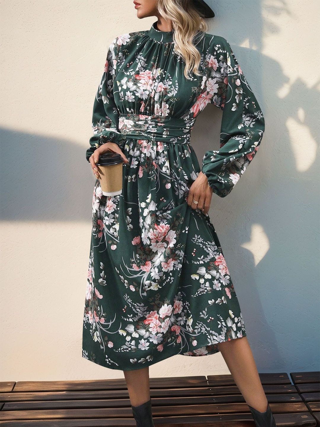 Women's Green Floral Print Fit & Flare Midi Dress Blend